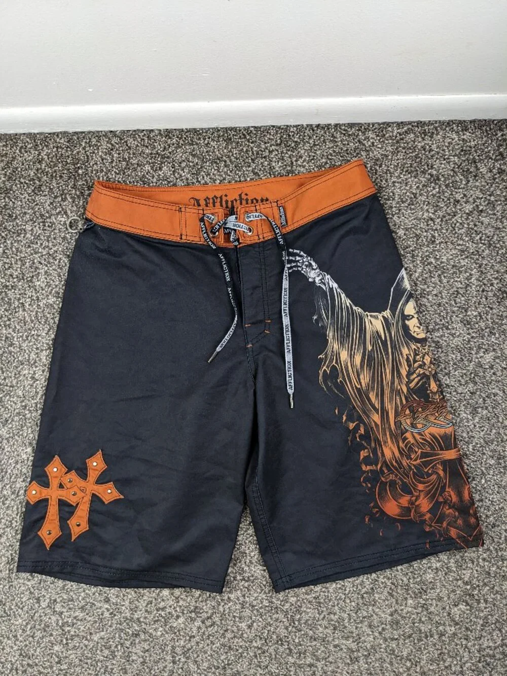 Affliction x Ozzy Osbourne Board Shorts Gothic Cross Skull Ball Swim Trunks 32